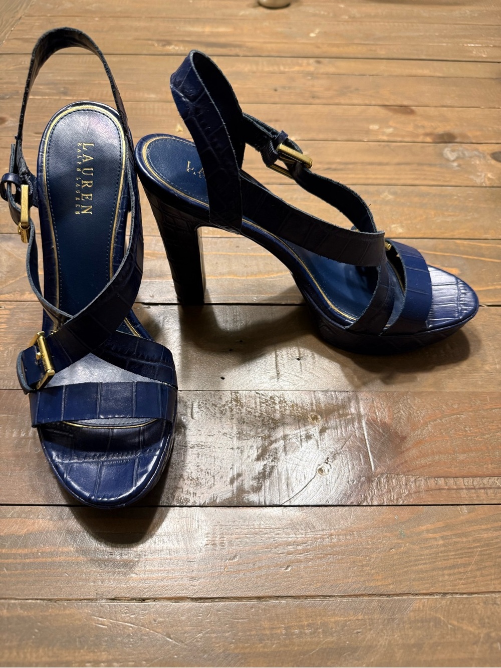 Lauren Ralph Lauren Navy Croc-Embossed Slingback Heels with Gold Buckle NWOT